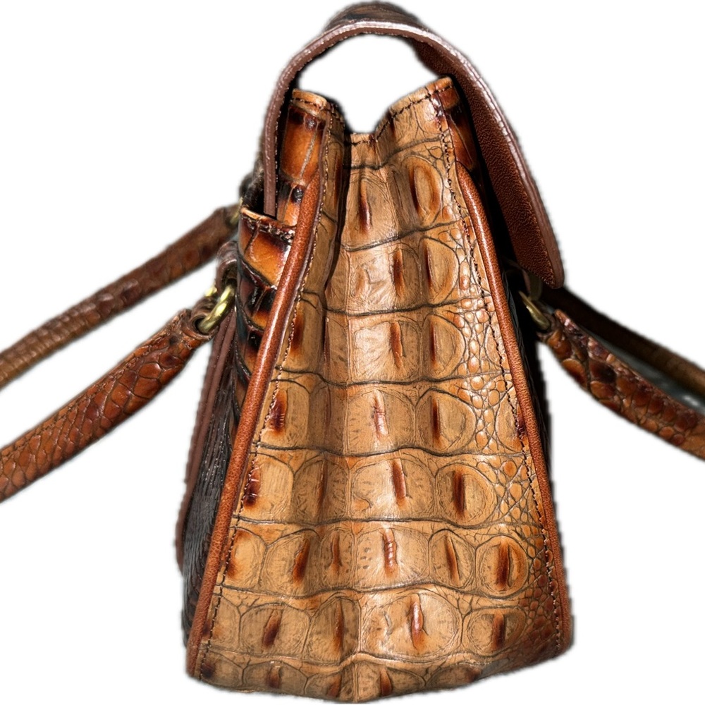Croc-Embossed Leather Satchel Handbag in Cognac - Picture 3 of 11